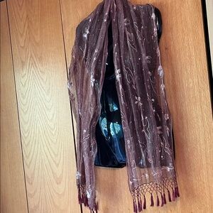 Sheer pink scarf hand made painted flowers beads tassel fringe INDIA in EUC